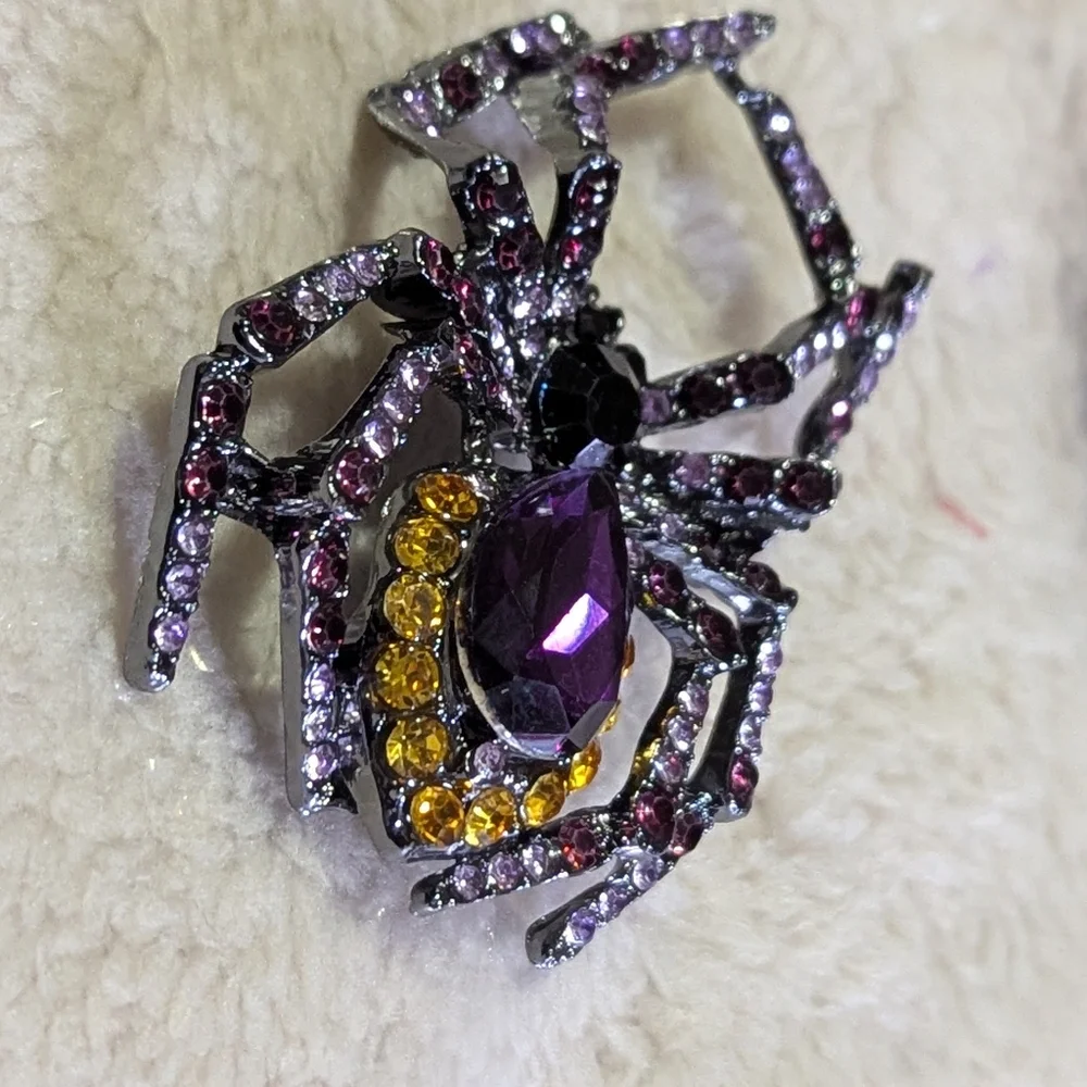 Elegant Jeweled Spider Rhinestone Brooch Purple & Gold Stones Vintage